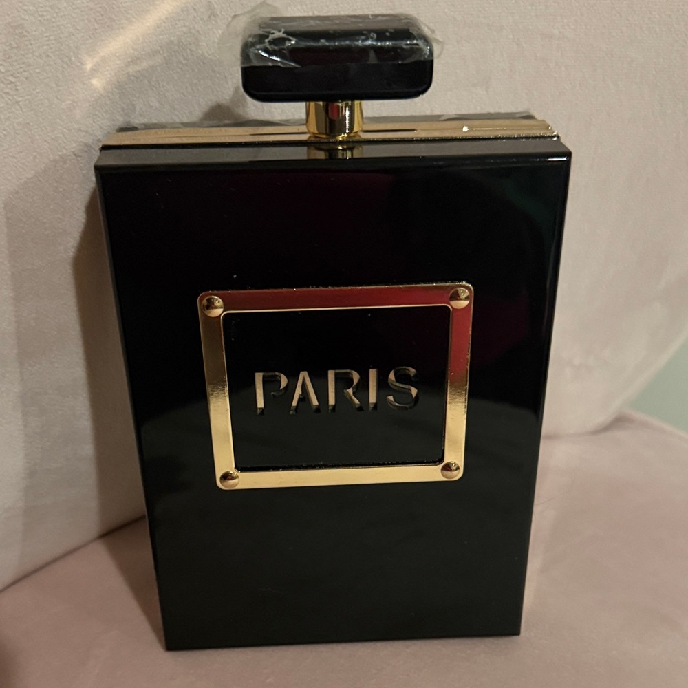 Black and Gold Paris Perfume Bottle Crossbody Purse